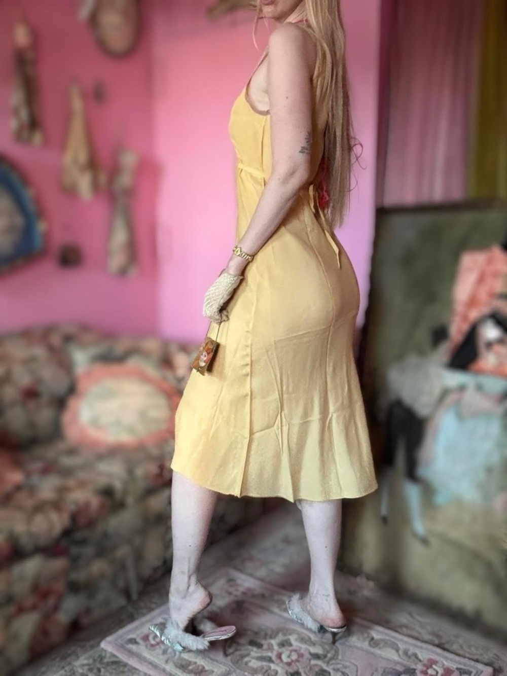 1930s Butter Yellow Bias Cut Rayon Slip Dress, Size M-L - Picture 4 of 8